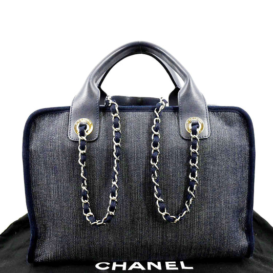 Luxury Chanel Deauville Medium Bowling Denim Shoulder Bag Blue