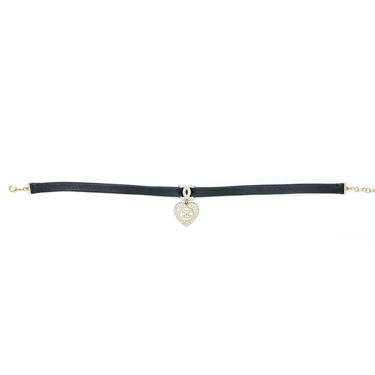 Chanel Crystal CC Logo Heart Chocker Leather/Pearl/Crystal Black Light Gold Tone