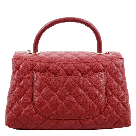Luxury Chanel Medium Coco Quilted Caviar Leather Top Handle Shoulder Bag Red