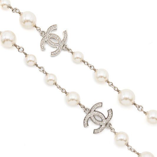 Chanel Pearl and CC with Crystal Long Necklace Silver Tone