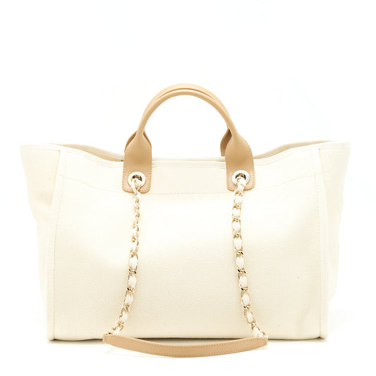 Chanel Deauville Tote Bag Canvas Light Beige LGHW