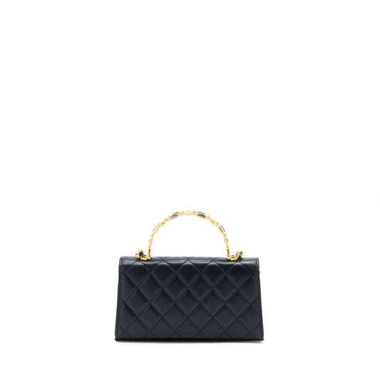 Chanel 22B Flap Bag With Enamel/CC Logo Top Handle Lambskin Black Brushed GHW