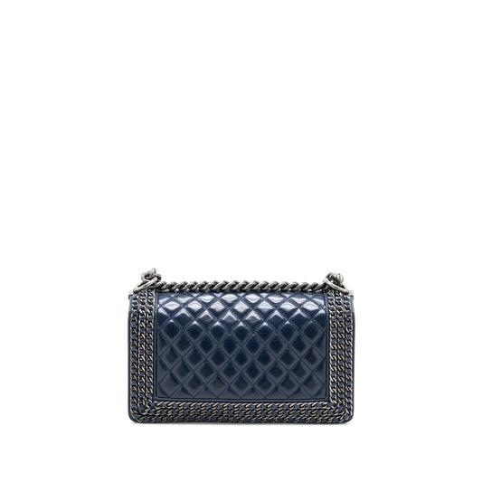 Chanel Medium Boy Bag Limited Edition with Chain Edge Aged Calfskin Navy Ruthenium Hardware