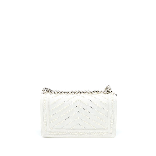 Chanel Medium Boy Bag Chevron Limited Lambskin With Pearl White SHW
