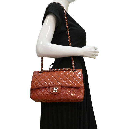CHANEL Classic Medium Double Flap Patent Leather Shoulder Bag Red