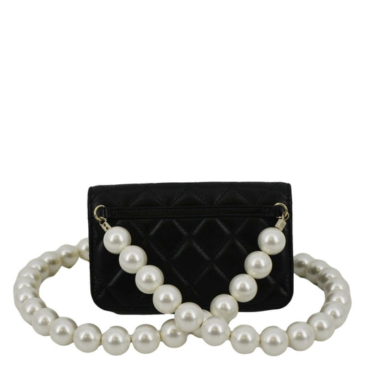 CHANEL Pearl Strap CC Mini Quilted Leather Wallet on Chain Shoulder Bag Black