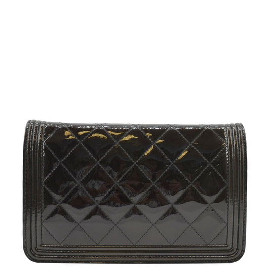 CHANEL Boy WOC Quilted Patent Leather Wallet On Chain Shoulder Bag Black