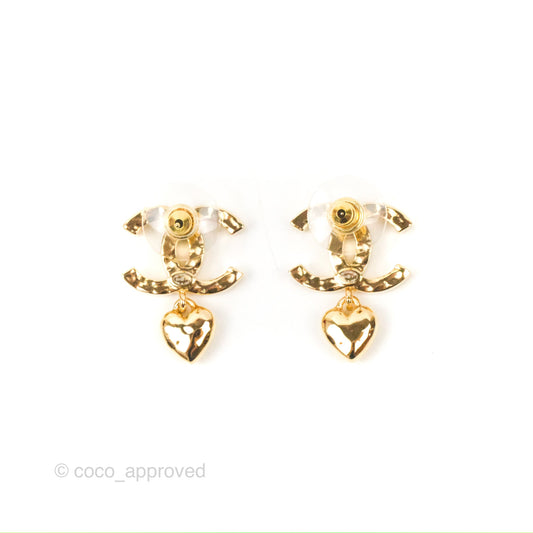 Chanel CC Crystal Heart Drop Earrings Gold Tone 23P