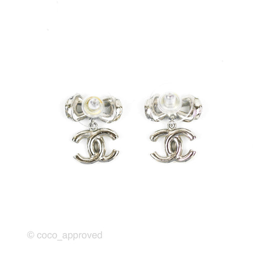 Chanel Crystal CC Bow Knot Earrings Silver Tone 19V