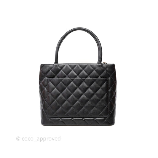 Chanel Vintage Medallion CC Black Caviar Tote Bag Silver Hardware