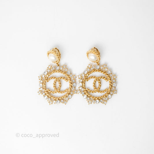 Chanel Crystal Round CC Pearl Drop Ear Clip Gold Tone 20B