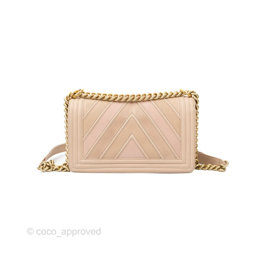 Chanel Chevron Medium Boy Beige Pink Suede Calfskin Aged Gold Hardware