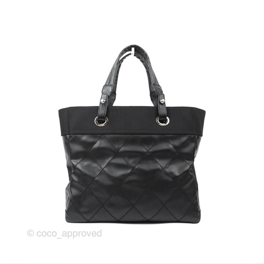 Chanel Quilted Paris Biarritz Tote MM Black Coated Canvas
