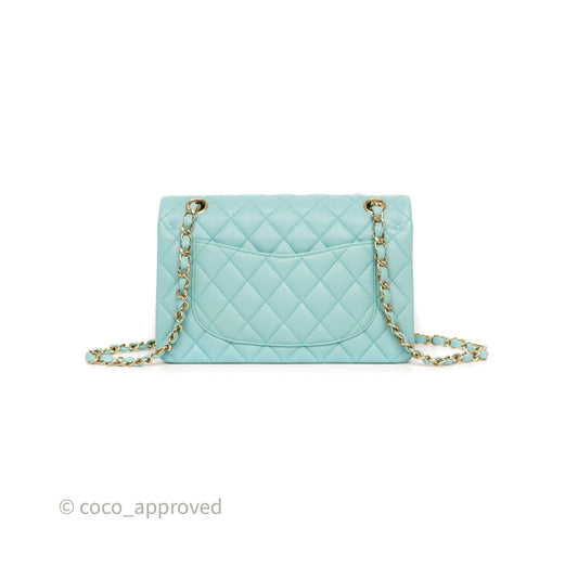 Chanel Small Classic Flap Quilted Light Tiffany Blue Caviar Gold Hardware
