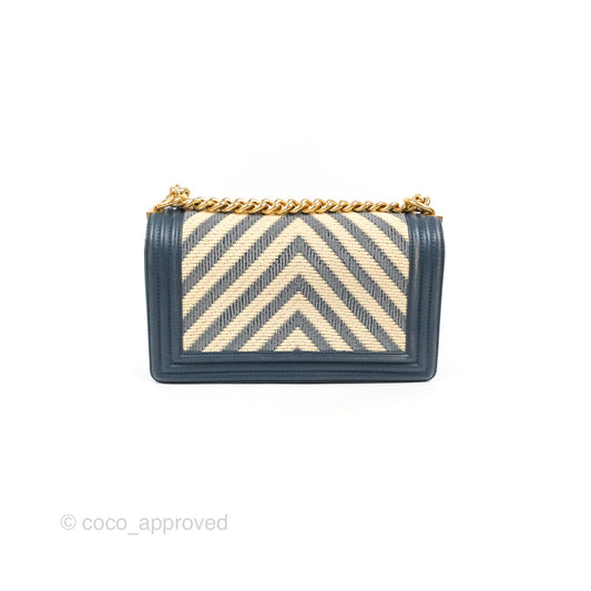 Chanel Medium Boy Chevron Braided Fabric Navy Calfskin Aged Gold Hardware
