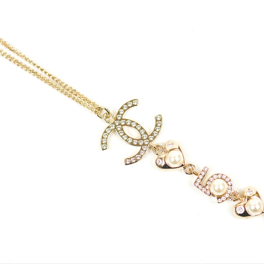 Chanel CC Crystal Pearl Heart Star Drop Necklace Gold Tone 19B