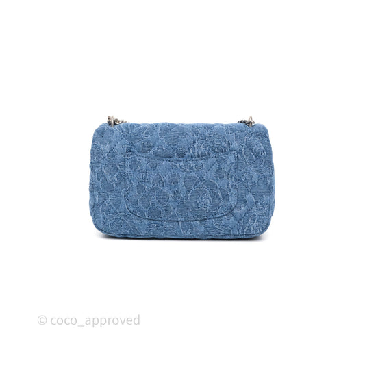 Chanel Quilted Camellia Printed Heart Crush Mini Flap Bag Blue Denim Aged Silver Hardware
