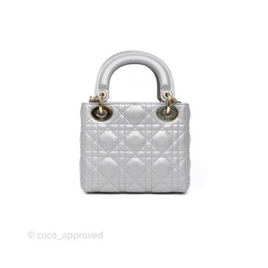 Christian Dior Mini Lady Dior Iridescent Grey Lambskin Cannage Gold Hardware