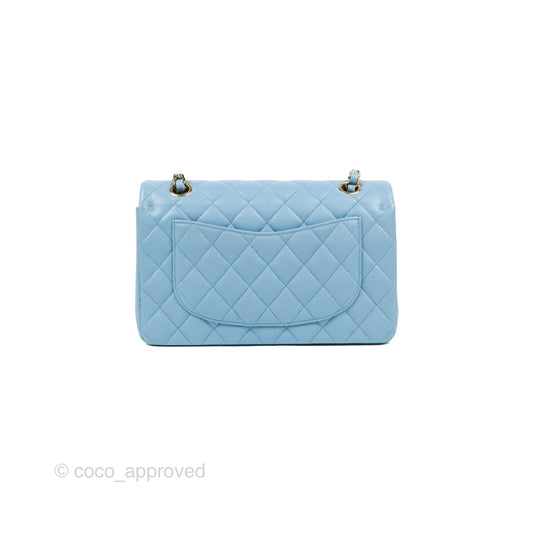 Chanel Small Classic Quilted Flap Light Blue Caviar Gold Hardware