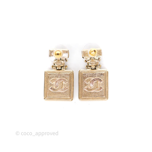 Chanel Crystal Perfume Bottle Pendant Earrings Gold Tone 23P