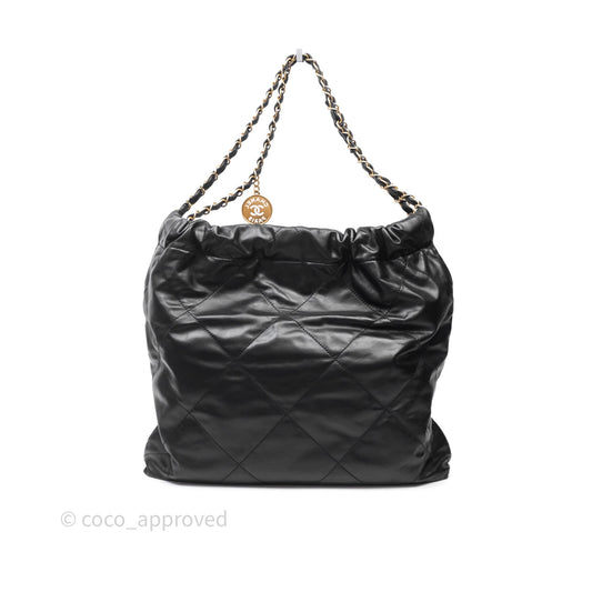Chanel 22 Medium Black Crumpled Calfskin White Logo Aged Gold Hardware