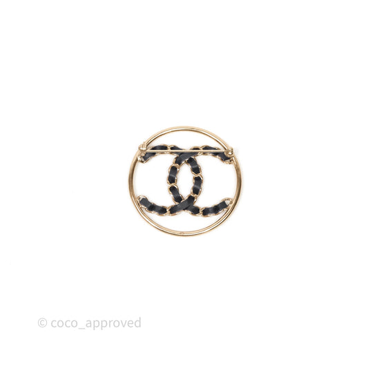 Chanel Black Leather CC Logo Brooch Gold Tone 19P