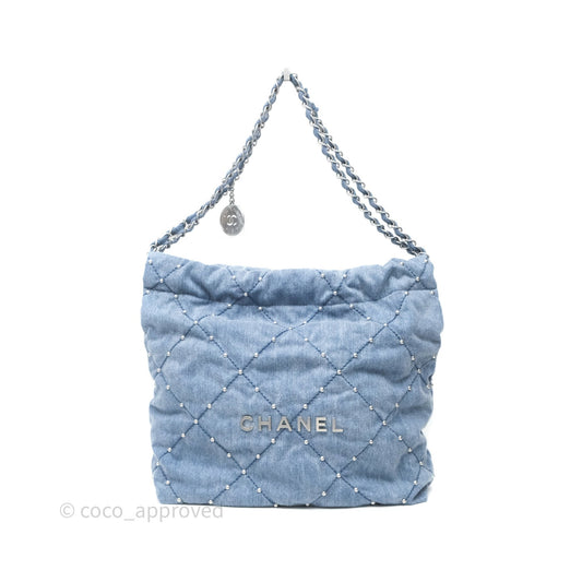 Chanel 22 Small Pearl Studded Denim Silver Hardware