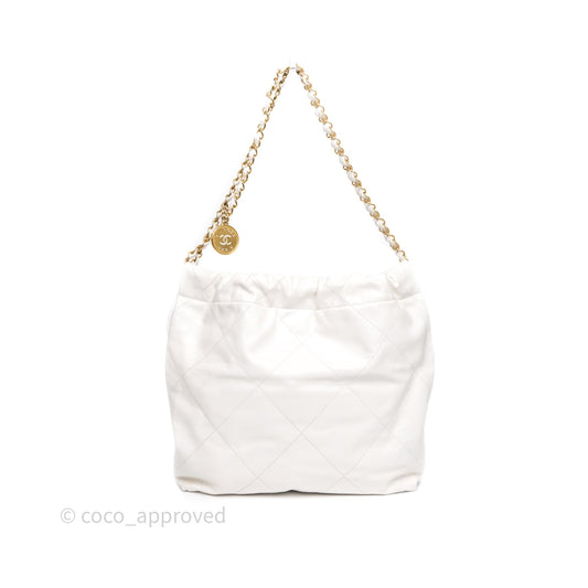Chanel 22 Small White Shiny Crumpled Calfskin Aged Gold Hardware