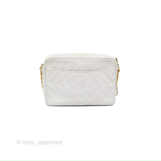 Chanel Chevron Quilted Tassel Camera Case White Caviar Gold Hardware