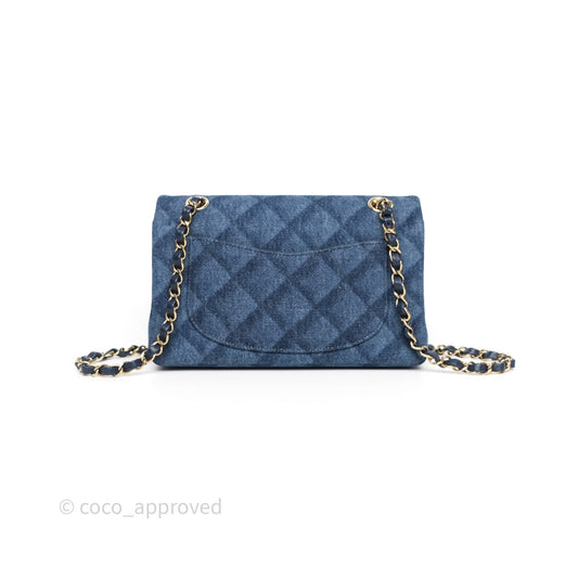 Chanel Small Classic Flap Quilted Blue Printed Denim Gold Hardware