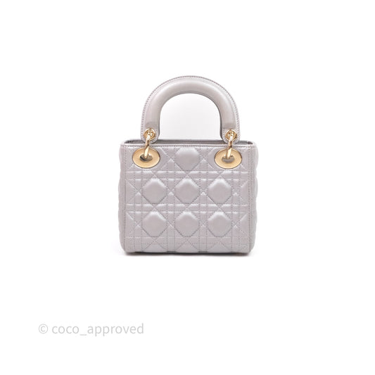 Christian Dior Mini Lady Dior Iridescent Grey Lambskin Cannage Gold Hardware