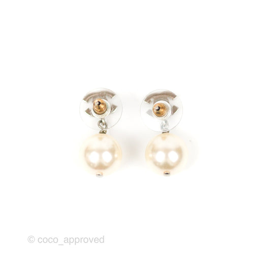 Chanel CC Rhinestone Pearl Drop Earrings Silver Tone 21V