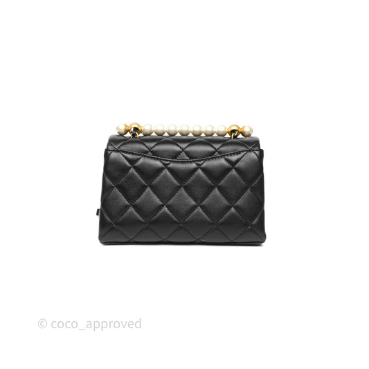 Chanel Mini Quilted Flap Bag with Pearl Top Handle Black Lambskin Aged Gold Hardware 24A