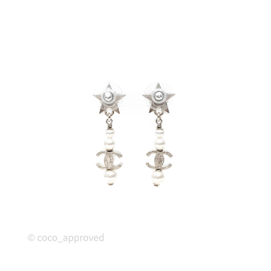 Chanel Crystal Pearl CC Star Drop Earrings Silver 20P