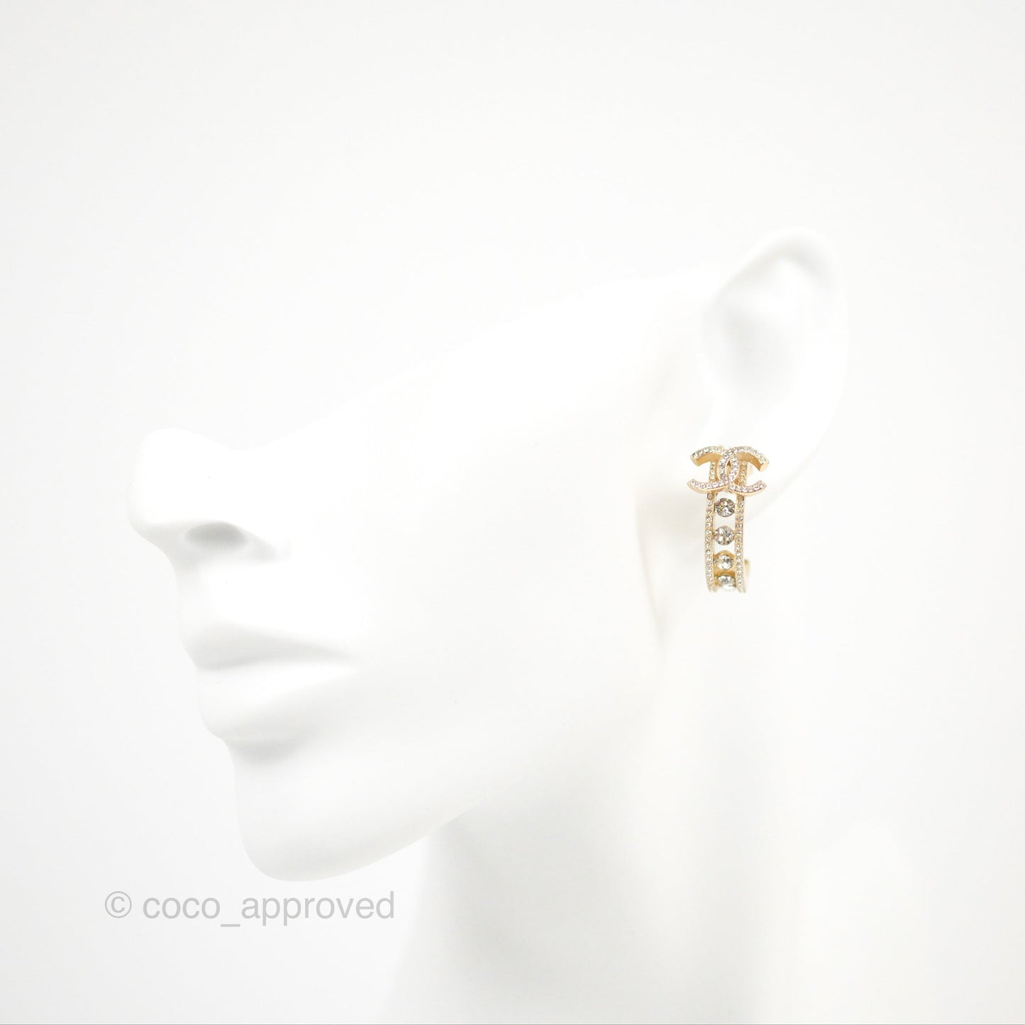 Chanel CC Crystal Hoop Earrings Gold Tone 20K
