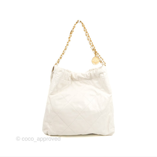 Chanel 22 Medium White Black Logo Aged Calfskin Aged Gold Hardware