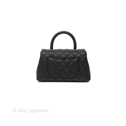 Chanel Small Coco Handle Quilted Black Caviar Aged Gold Hardware Lizard Handle