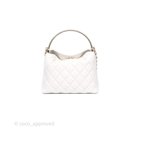 Chanel Crystal Top Handle Hobo Bag with Chain Quilted White Lambskin Gold Hardware 25B