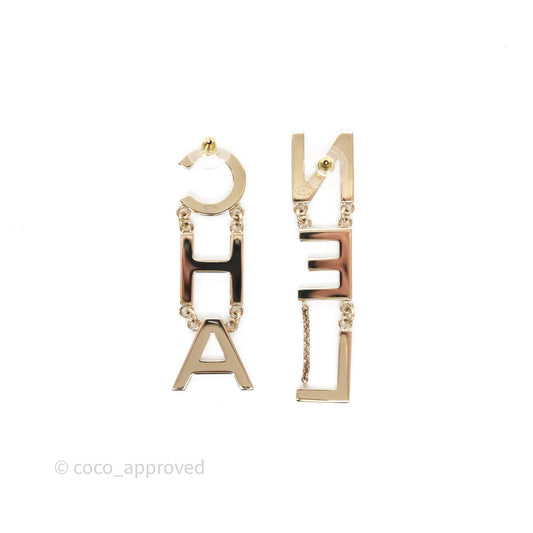 Chanel Letter Cha-Nel Logo Drop Earrings Gold Tone 21V