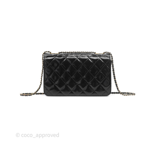 Chanel Quilted CC Logo Wallet On Chain Black Shiny Crumpled Calfskin Aged Gold Hardware