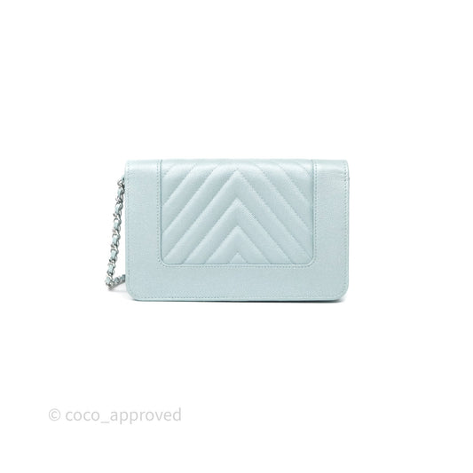 Chanel Mademoiselle Wallet On Chain WOC Chevron Iridescent Blue Caviar Silver Hardware