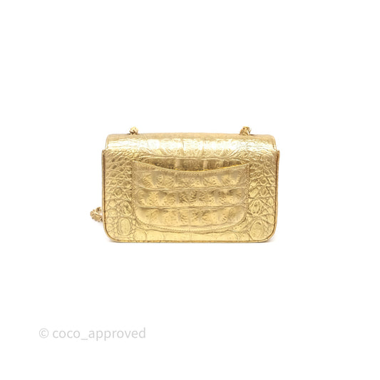 Chanel Mini Rectangular Gold Metallic Calfskin Crocodile Embossed