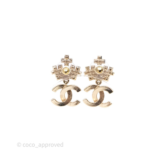 Chanel Crystal Pearl Crown CC Drop Earrings Gold Tone 21A