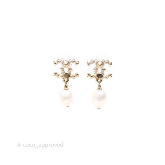 Chanel CC Crystal Pearl Drop Earrings Gold Tone 20B