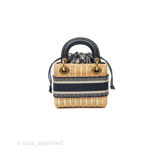 Christian Dior Small Lady Dior Natural Rattan and Blue Dior Oblique Jacquard