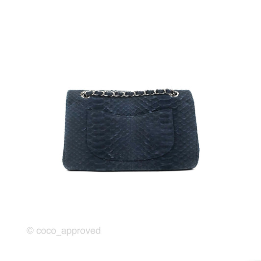 Chanel Classic M/L Medium Flap Navy Python Silver Hardware
