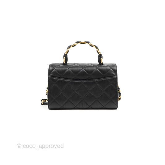 Chanel Mini Flap Bag with Top Handle Black Crumpled Lambskin Aged Gold Hardware