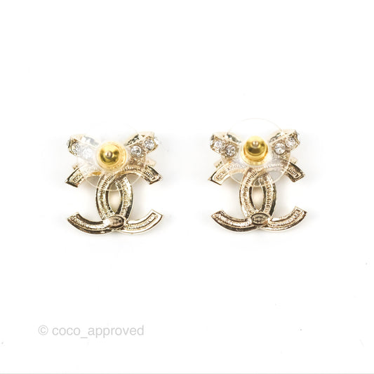Chanel Crystal Ribbon Bow CC Earrings Gold Tone 23S