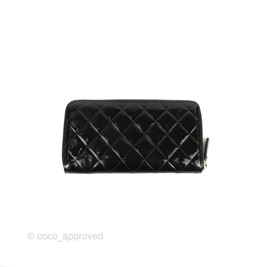 Chanel Classic Zip Long Wallet Quilted Black Patent Silver Hardware