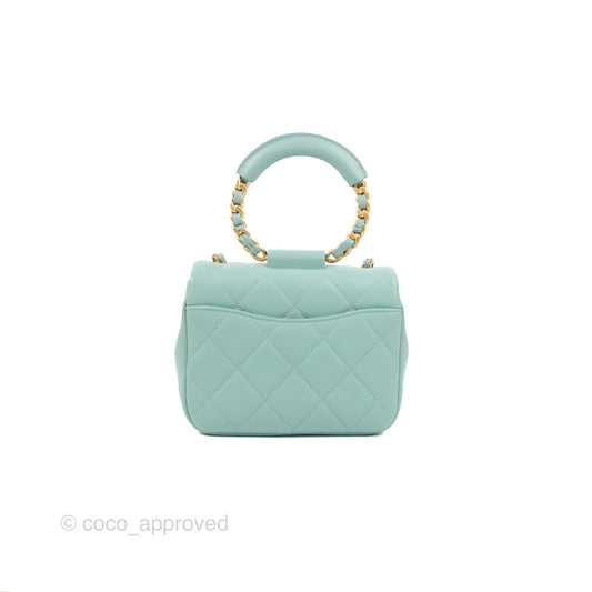 Chanel Circular Handle Square Flap Bag Tiffany Blue Lambskin Aged Gold Hardware